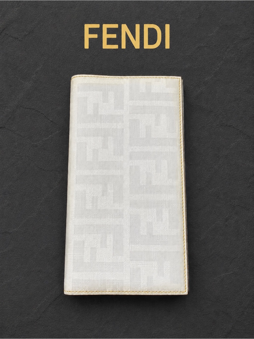 Hard to Find Fendi White Zucca Embossed Long Wallet Yellow Interior COA